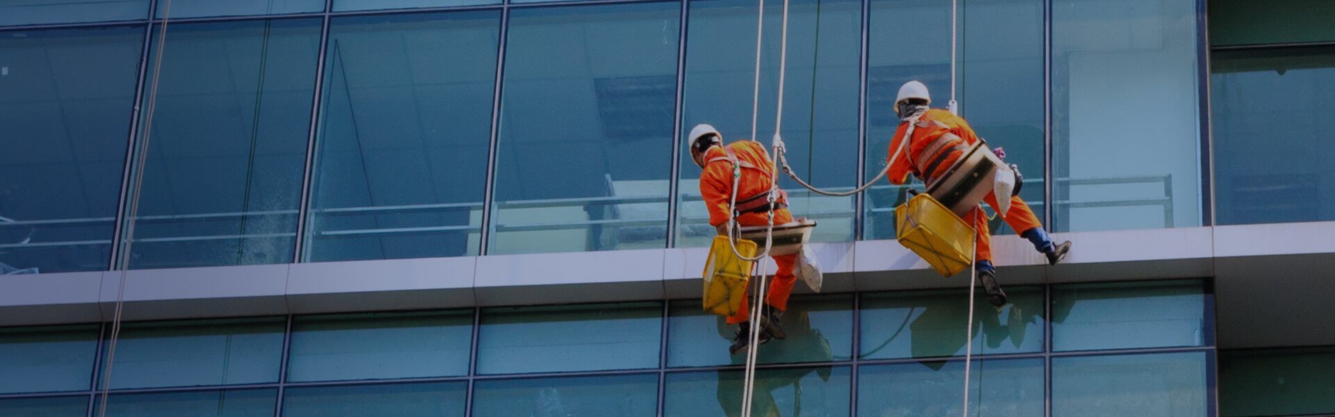 Image of two people cleaning the side of a skyscraper